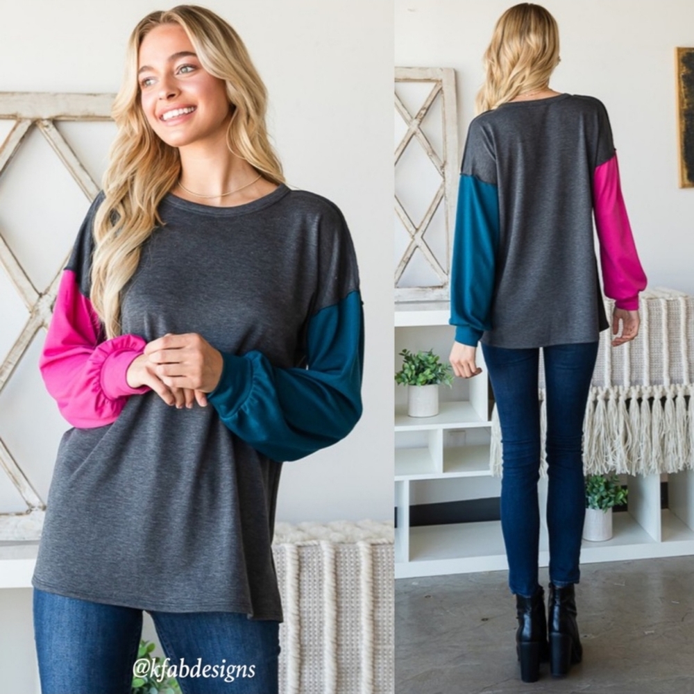 Puff Sleeve Fun, Vibrant Color Block Casual Top - L